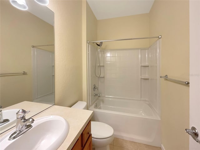 full bathroom with shower / tub combination, vanity, tile patterned flooring, and toilet