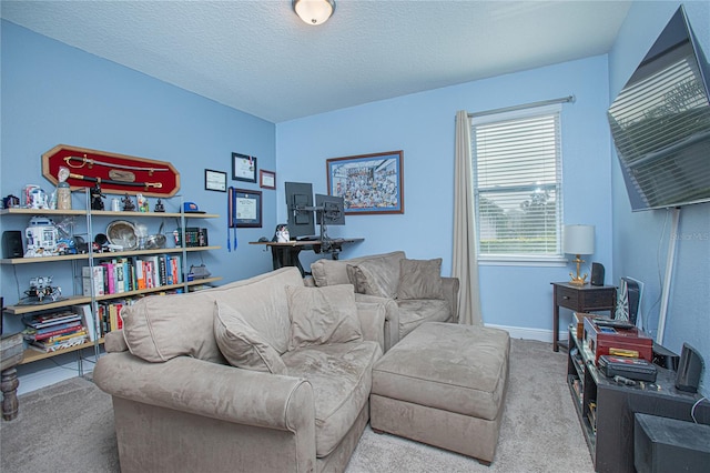 living room featuring carpet, a textured ceiling, and plenty of natural light