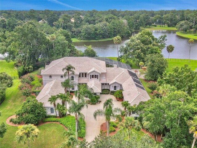 aerial view featuring a water view