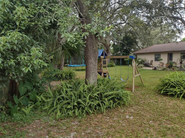 view of yard with a trampoline and a playground