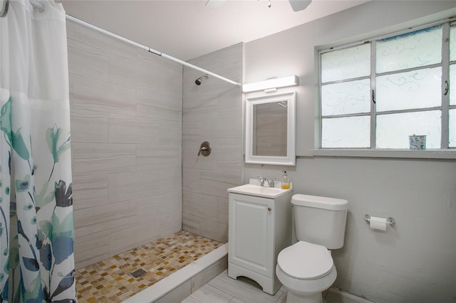 full bathroom featuring toilet, a shower stall, and vanity