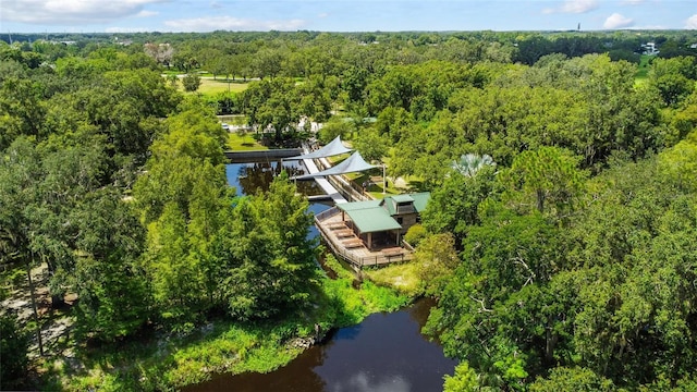 birds eye view of property with a water view and a wooded view