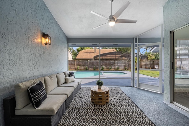 interior space featuring ceiling fan