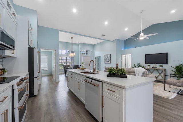 kitchen featuring white cabinetry, sink, a kitchen island with sink, and stainless steel appliances