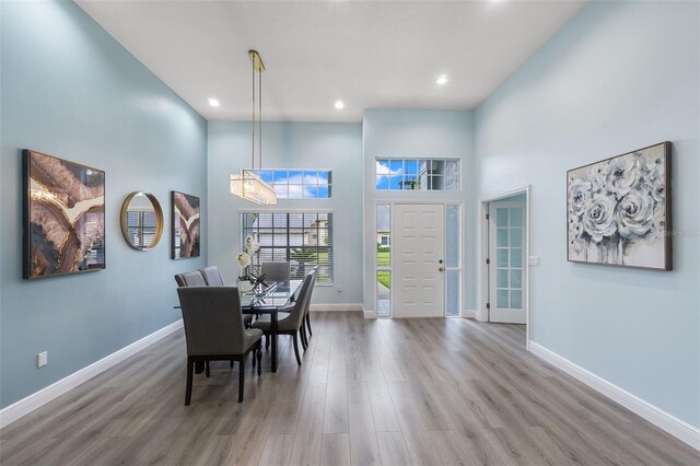 dining space with an inviting chandelier, wood-type flooring, and a high ceiling