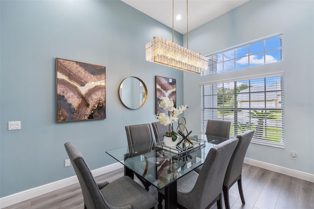 dining area with hardwood / wood-style floors and a high ceiling