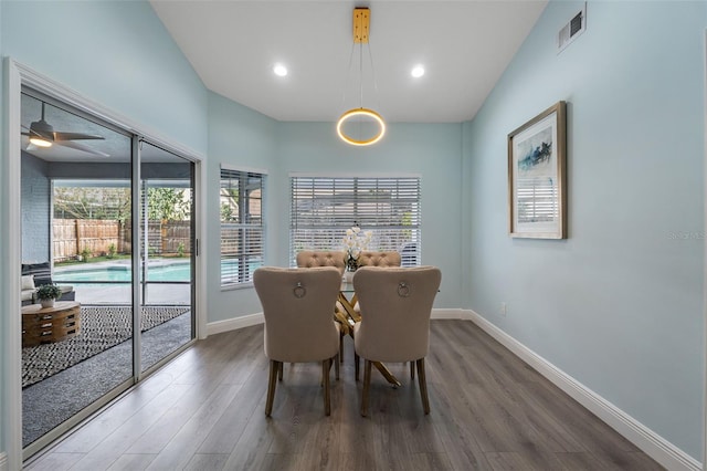 dining space featuring hardwood / wood-style floors and ceiling fan