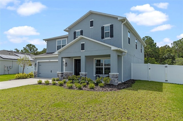 view of front of house with a garage, a porch, and a front yard