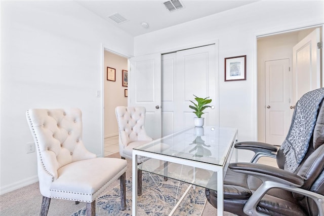 home office featuring light colored carpet