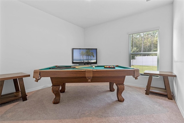 playroom featuring light carpet and billiards