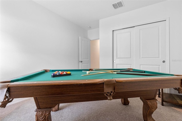 game room with carpet flooring and pool table