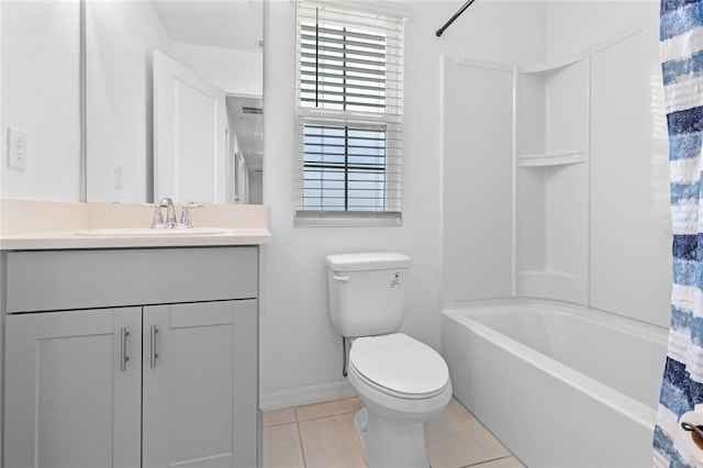 full bathroom with vanity, shower / tub combo with curtain, toilet, and tile patterned floors