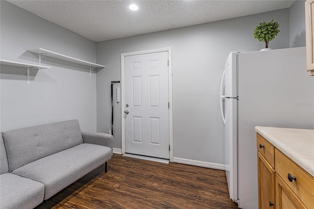 interior space featuring dark wood finished floors, light countertops, freestanding refrigerator, a textured ceiling, and baseboards