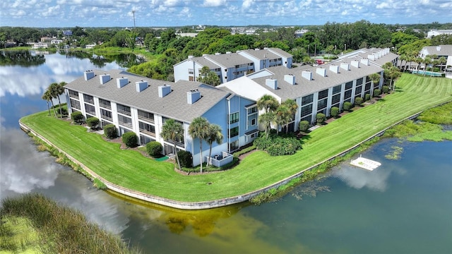 aerial view featuring a water view