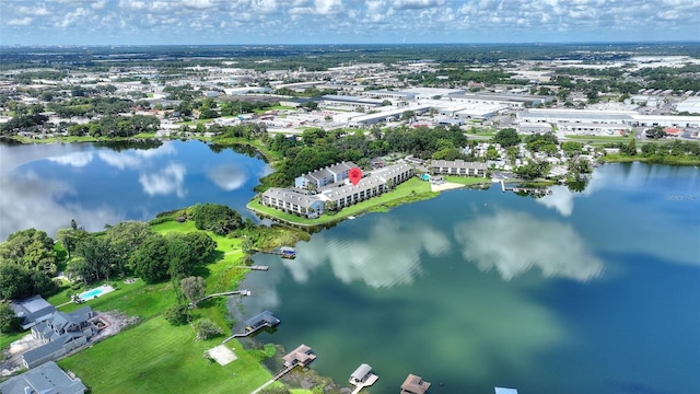 drone / aerial view with a water view