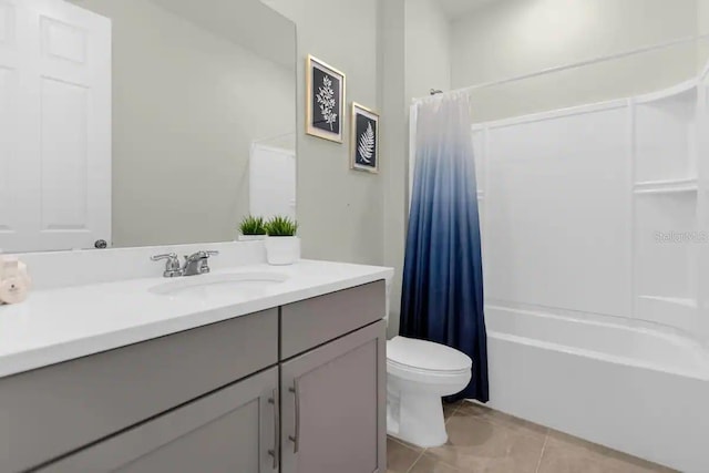 full bathroom with vanity, tile patterned floors, toilet, and shower / bath combination with curtain