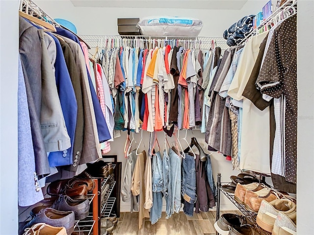 walk in closet with wood-type flooring