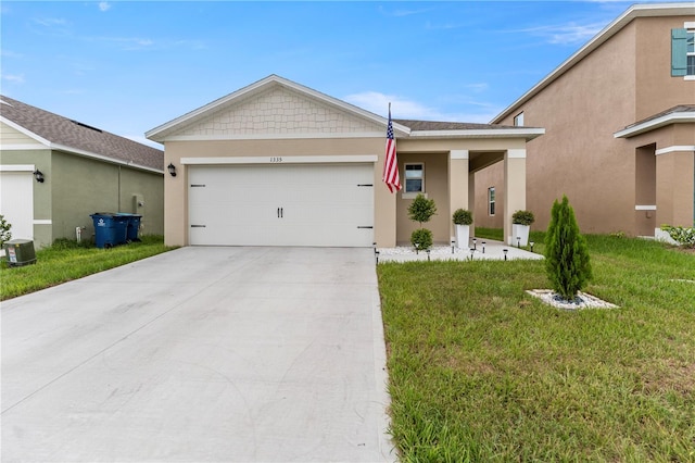 ranch-style home with a garage and a front yard