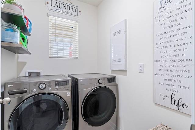 washroom with washing machine and dryer, laundry area, and electric panel