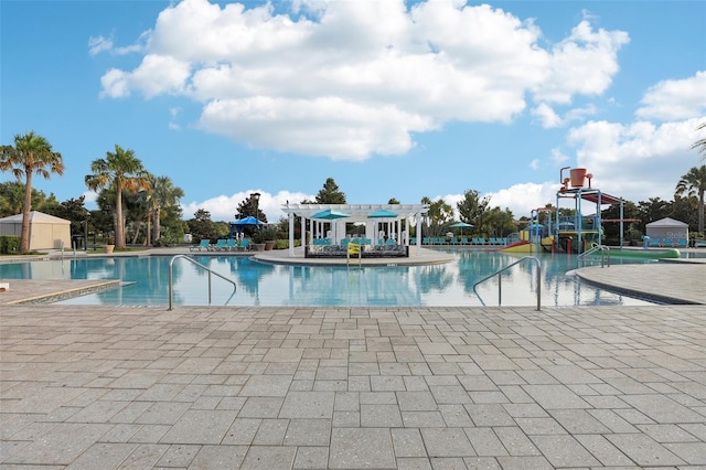 view of swimming pool with a patio area