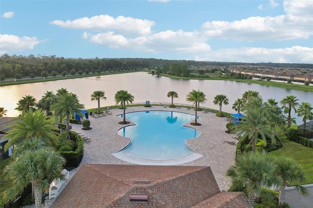 view of pool featuring a water view and a patio area