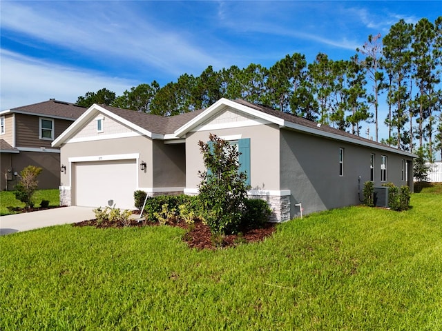 view of front of home with a garage, central air condition unit, and a front lawn