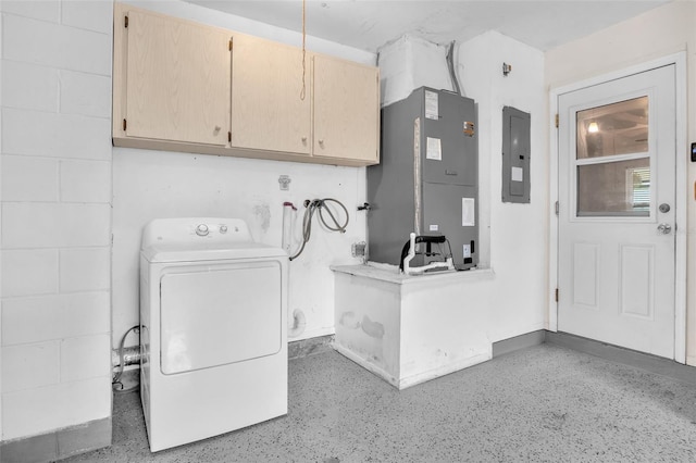 laundry area featuring heating unit, washer / clothes dryer, electric panel, and cabinets