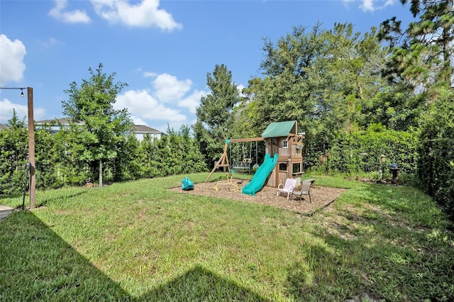 view of jungle gym featuring a yard