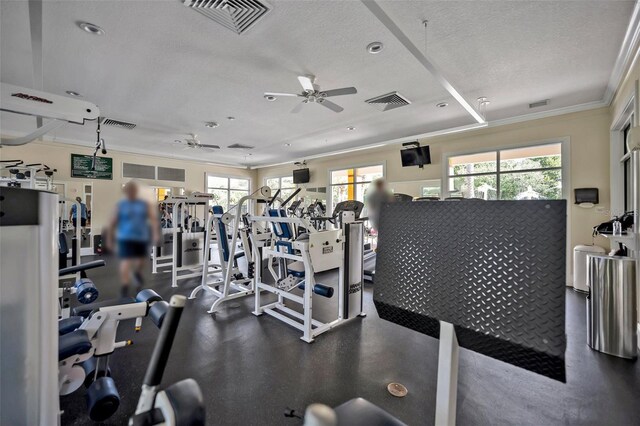 exercise room with ceiling fan, ornamental molding, and a textured ceiling