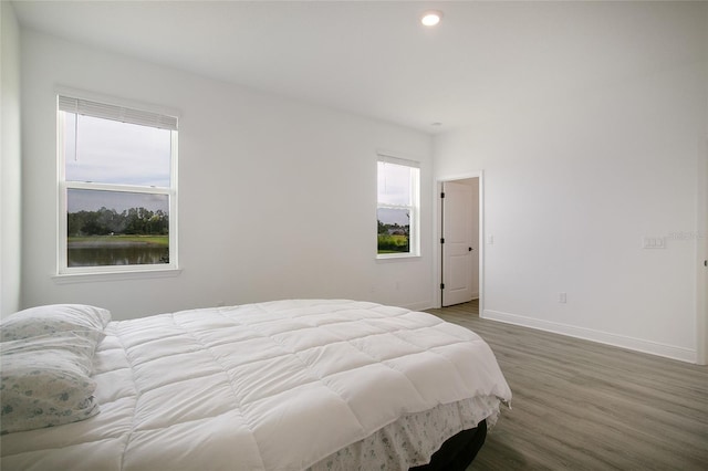 bedroom with dark hardwood / wood-style floors