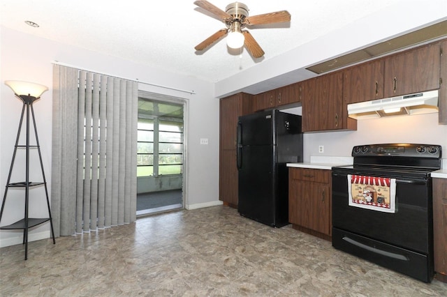 kitchen featuring ceiling fan, under cabinet range hood, baseboards, light countertops, and black appliances