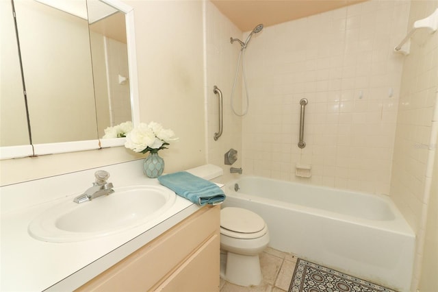 full bathroom featuring toilet, shower / bath combination, tile patterned flooring, and vanity