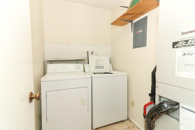 laundry room featuring washing machine and dryer, laundry area, electric panel, and heating unit