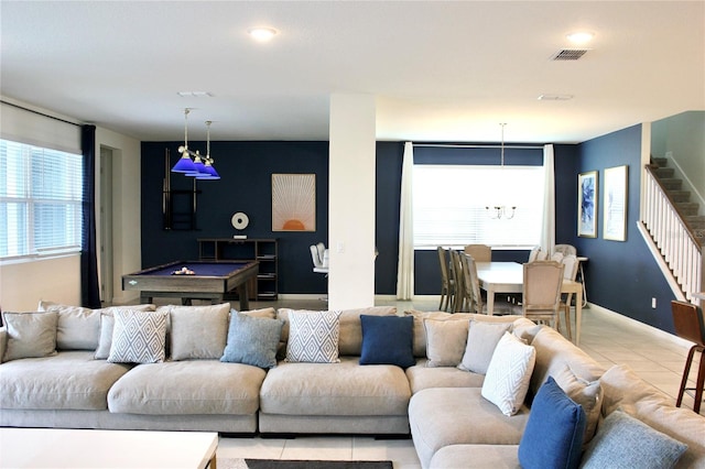 tiled living room featuring pool table