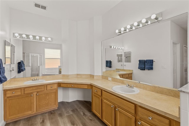 bathroom featuring hardwood / wood-style flooring and dual bowl vanity