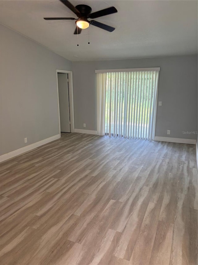 unfurnished room featuring light wood-type flooring and ceiling fan