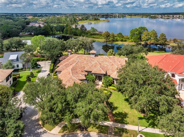 drone / aerial view featuring a water view