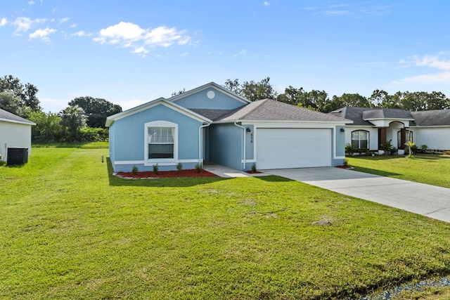 ranch-style house with a garage, central AC, and a front lawn