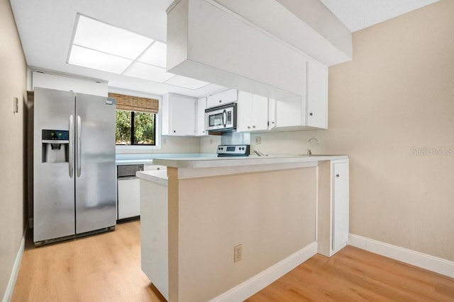 kitchen featuring white cabinets, kitchen peninsula, appliances with stainless steel finishes, and light hardwood / wood-style floors