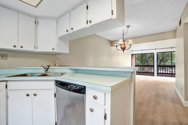 kitchen with white cabinetry, light hardwood / wood-style flooring, stainless steel dishwasher, and sink