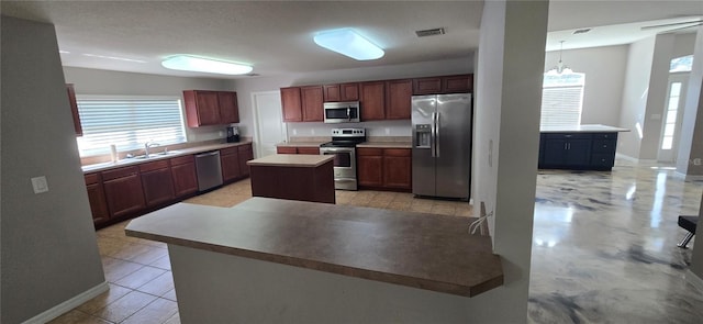 kitchen with appliances with stainless steel finishes, sink, pendant lighting, a notable chandelier, and a kitchen island