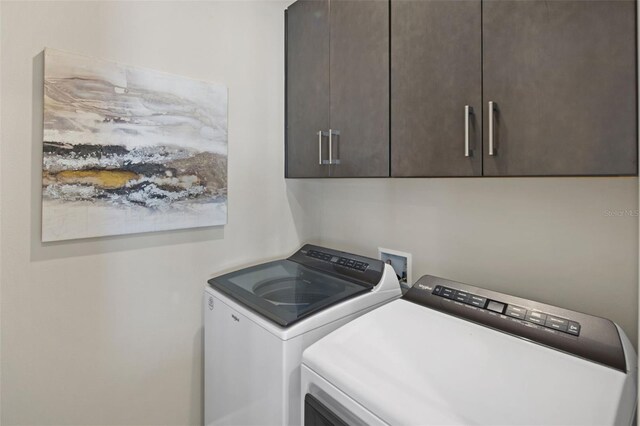 laundry area featuring cabinets and washing machine and dryer