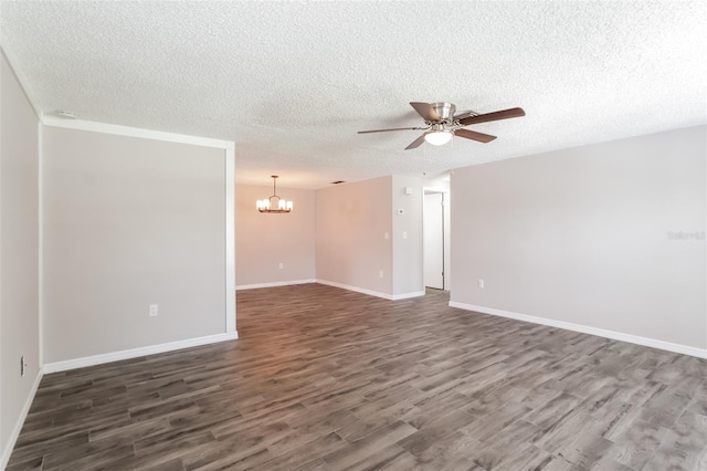 unfurnished room featuring dark hardwood / wood-style flooring, ceiling fan with notable chandelier, and a textured ceiling