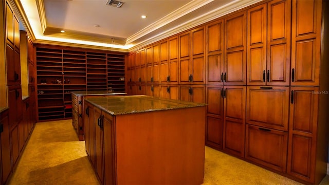 interior space featuring light carpet, dark stone countertops, crown molding, and a tray ceiling