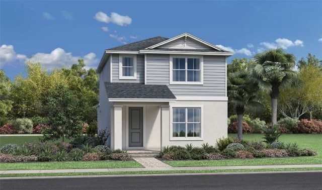 traditional-style home with a shingled roof and stucco siding