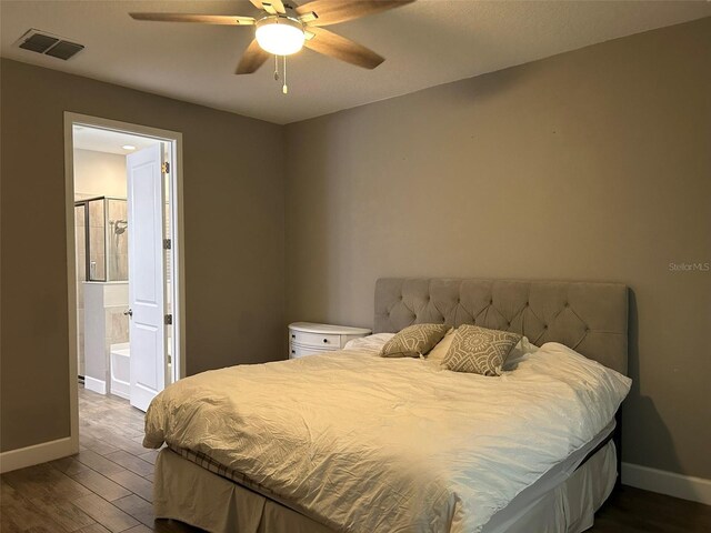 bedroom featuring ensuite bath, ceiling fan, and wood-type flooring