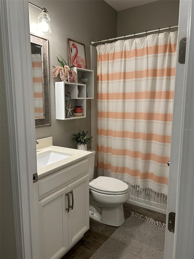 bathroom featuring vanity, hardwood / wood-style flooring, and toilet