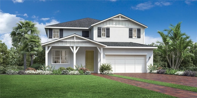 view of front of home featuring an attached garage, a shingled roof, board and batten siding, and a front yard