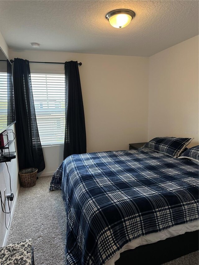 bedroom with carpet and a textured ceiling