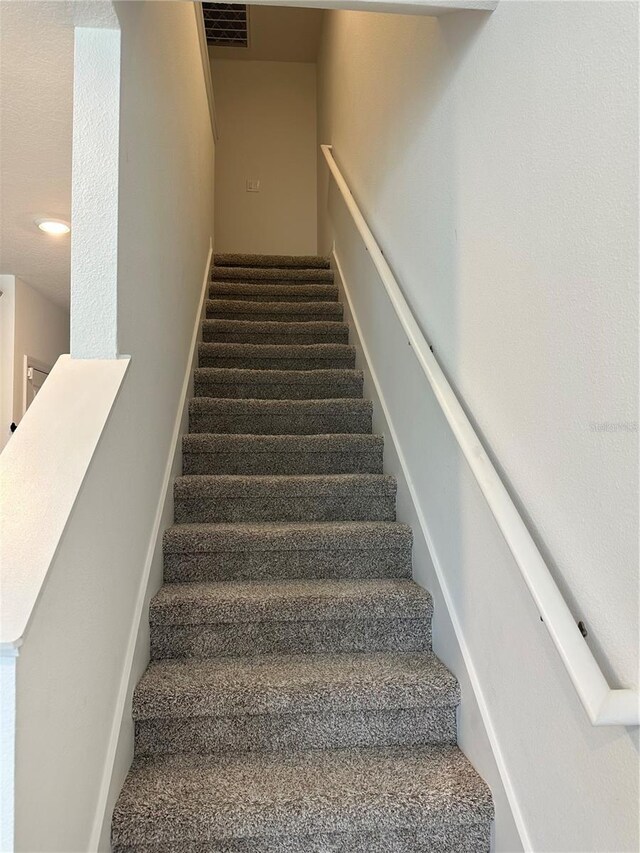 staircase featuring carpet floors